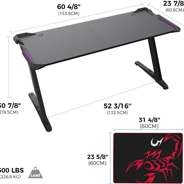 Eureka Ergonomic Z60 Black Gaming Desk With Rgb Lights Erk-Z60-B Eureka Ergonomic Z60 Black Gaming Desk With Rgb Lights Erk-Z60-B