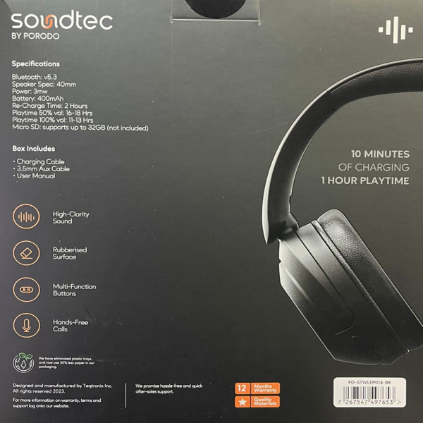 Porodo Soundtec Pure Bass Wireless Over-Ear Headphone Black
