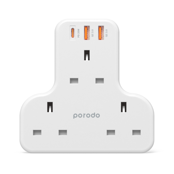 Porodo Pd-Fwch006-Multiport Wall Adapter 3250W UK, AC Outlet, and fast Charging USB – White