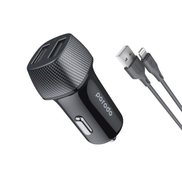 Porodo Ultimate Car Charger Dual Port Aluminum 3.4a With Lightning Cable