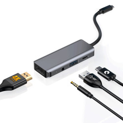 Porodo 4 in1 USB-C Hub Type-C PD 100W HDMI USB 3.5mm Aux - Grey