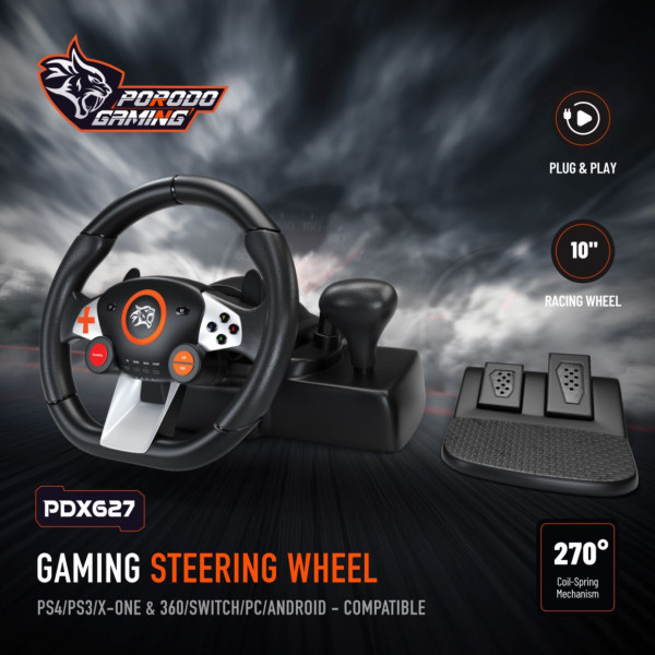 PORODO GAMING STEERING WHEEL PS4/PS3/X-ONE & 360/SWITCH/PC/ANDROID