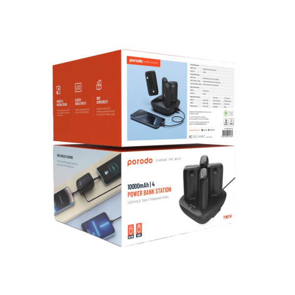 Porodo 10000mAh | 4 Power Bank Station Lightning & Type-C Integrated Cable - Black