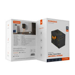 Porodo Travel Universal Charger, Dual Fuse, PD 65W, 4 USB-C, 1 USB-A Ports, UK, EU, US and AU Supported Plugs, GaN Technology