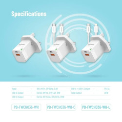 Porodo Blue Ultra-Quick Charger USB-A to USB-C (1m Type-C Cable Included) - White