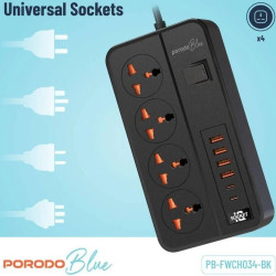 Porodo Blue 4 AC Power Socket with X4 USB-C X2 USB-A Port, UK Plug 3-Pin, 3000W - Black