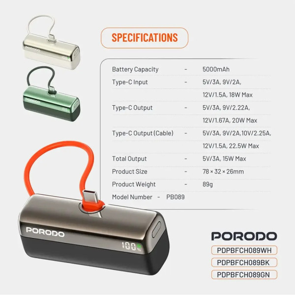 Porodo Pocket Volt 5000mAh Power Bank - Black 