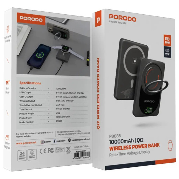 Buy Online Porodo 10000mAh Qi2 Wireless Power Bank Dark Gray in