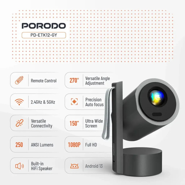 Porodo Full HD Smart Projector with Auto Focus Portable Mini Projector 5000mAh Battery