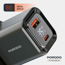 Porodo PD35W GaN Display Screen Dual-Port Quick Charger USB-C to Lightning - Black
