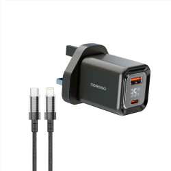 Porodo PD35W GaN Display Screen Dual-Port Quick Charger USB-C to Lightning - Black