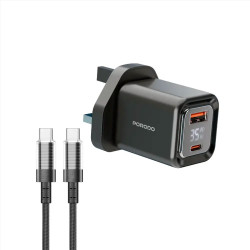 Porodo PD35W GaN Display Screen Dual-Port Quick Charger USB-C to USB-C - Black