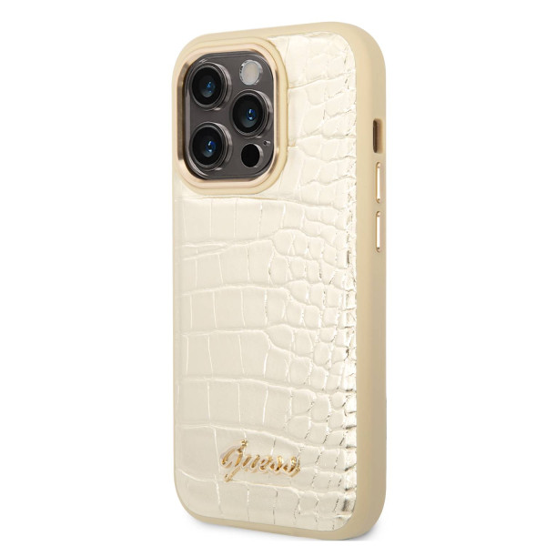 Guess pu leather gold pu croco case with metal camera outline for iphone 14 pro max
