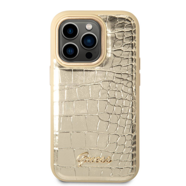 Guess pu leather gold pu croco case with metal camera outline for iphone 14 pro