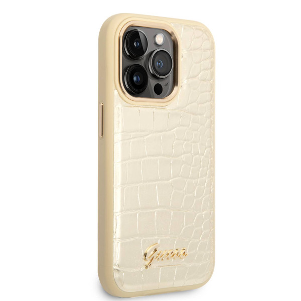 Guess pu leather gold pu croco case with metal camera outline for iphone 14 pro