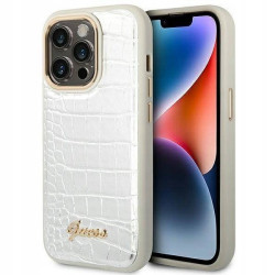 GUESS PU LEATHER SILVER PU CROCO CASE WITH METAL CAMERA OUTLINE FOR IPHONE 14 PRO