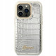 GUESS PU LEATHER SILVER PU CROCO CASE WITH METAL CAMERA OUTLINE FOR IPHONE 14 PRO