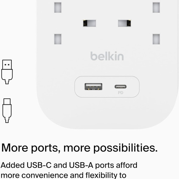 Belkin 6-Outlet Surge Protector 18W, USB-A & USB-C Ports, 2M Cord