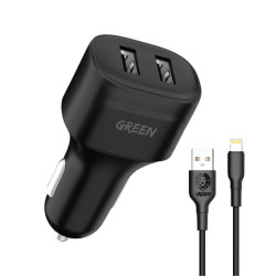 Green Dual Port Car Charger 12W With Pvc Lightning Cable 1.2M