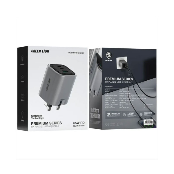Green Lion Premium Series Foldable Wall Charger UK Plug PD 65W - Gray