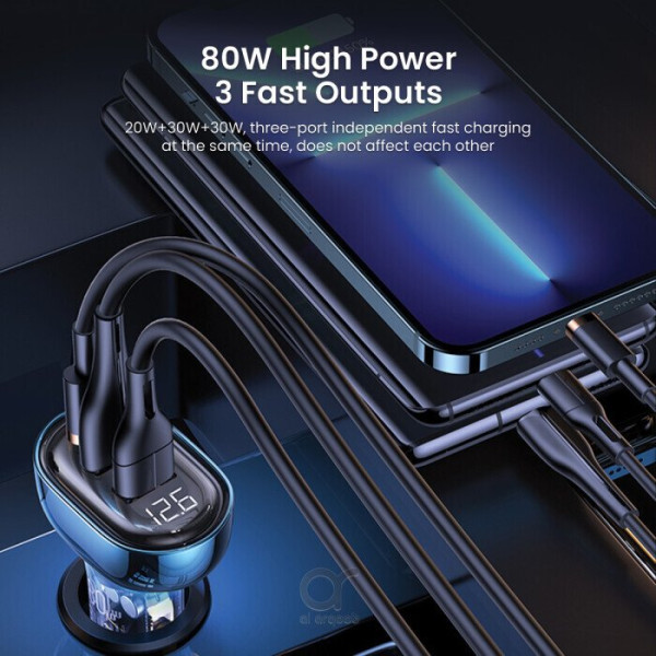 BRAVE BCC-22 80W 3 Ports Transparent Digital Display Fast Car Charger