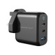 Powerology Wall Charger, Type C Power Delivery, 3-Port 65W Gan Charger With Pd Uk, Laptop Charger - Black