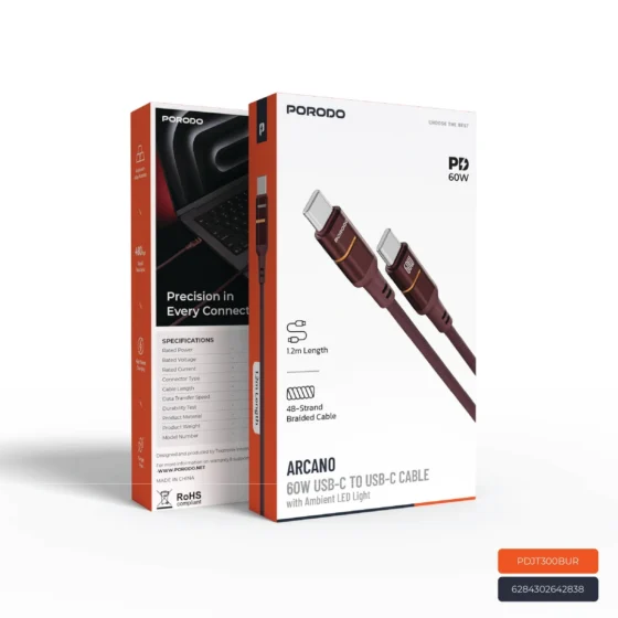 Porodo Arcano 60W USB-C to USB-C Braided Cable with Ambient LED 1.2m – Burgundy