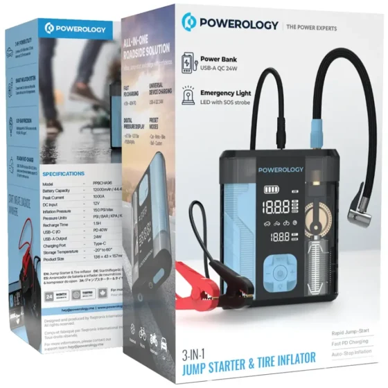 Powerology 3-in-1 Jump Starter & Tire Inflator 12000mAh