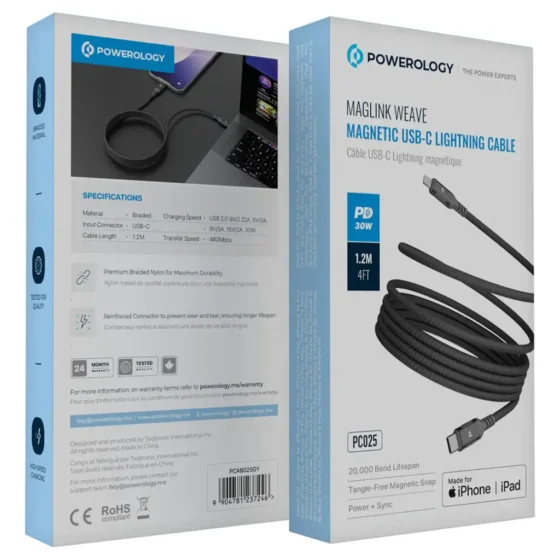Powerology Malinka Weave Magnetic USB-C to Lightning Cable PD 30W 1.2m