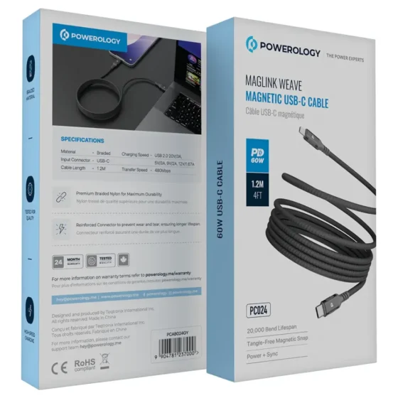 Powerology Malinka Weave Magnetic USB-C to USB-C Cable PD 60W 1.2m