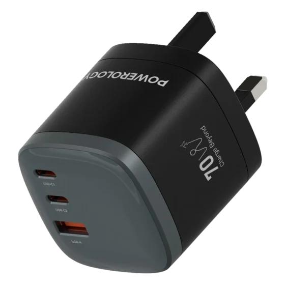 Powerology Mondial 70W GaN III Universal Travel Charger with 2 USB-C & USB-A