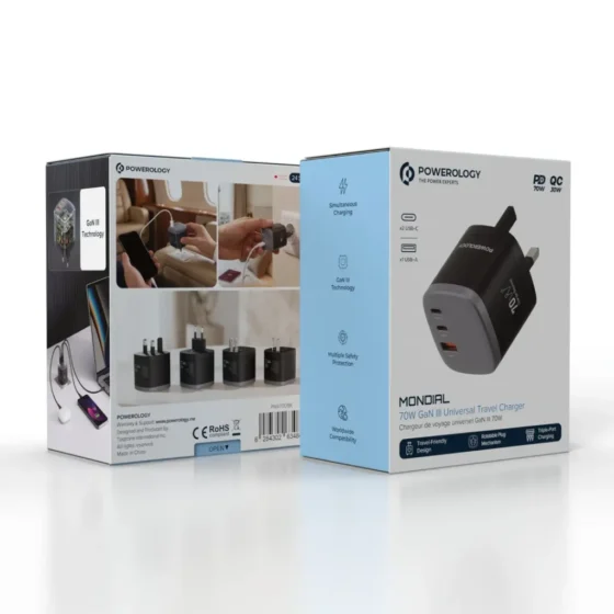 Powerology Mondial 70W GaN III Universal Travel Charger with 2 USB-C & USB-A