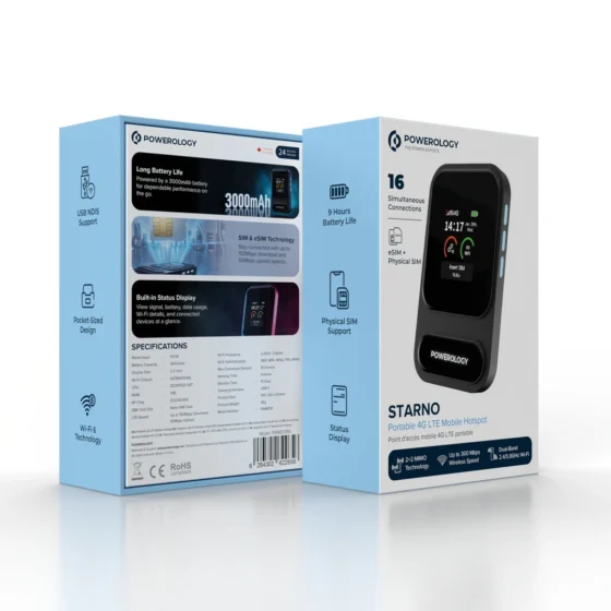 Powerology Starno Portable 4G LTE Mobile Hotspot with eSIM & Wi-Fi 6 – Black