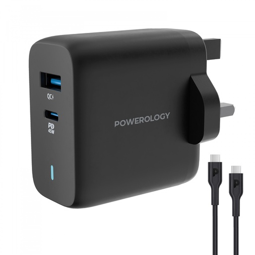 Powerology Ultra-Quick GaN Double Port Charger 45W PD with 60W USB-C Cable
