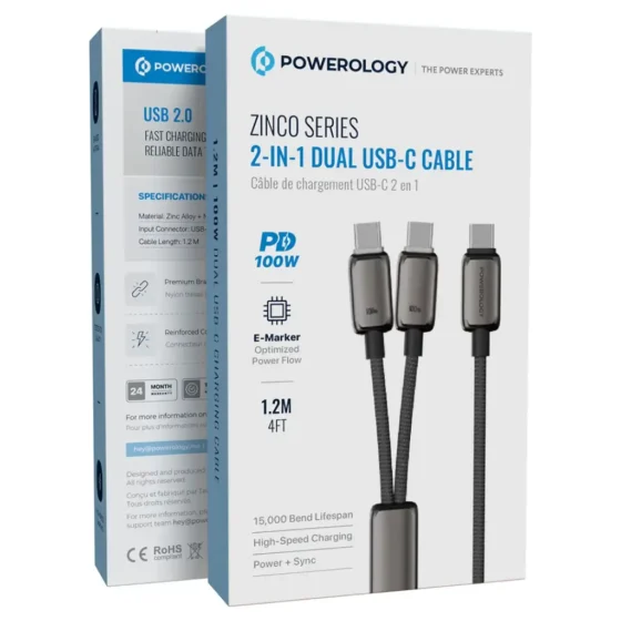 Powerology Zinco Series 2-in-1 Dual USB-C Cable