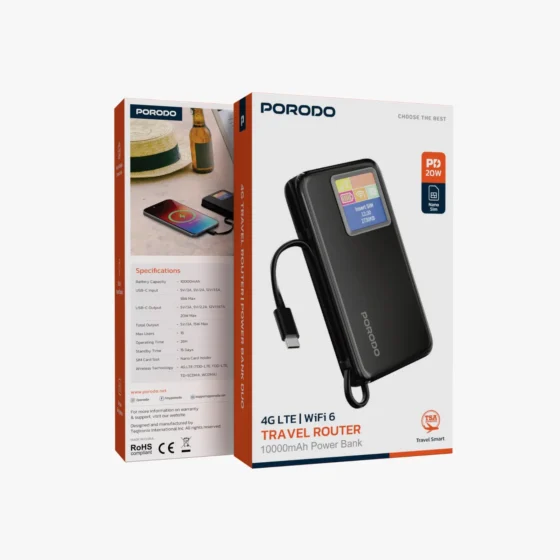 Porodo 4G LTE WiFi 6 Pocket Router Power Bank Black