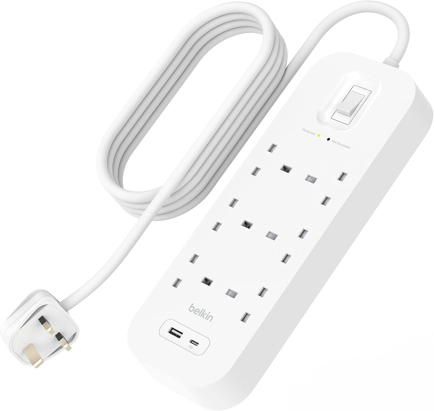 Belkin 6-Outlet Surge Protector 18W, USB-A & USB-C Ports, 2M Cord